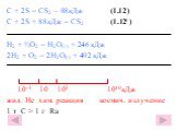 С + 2S = CS2 – 88кДж (1.12) С + 2S + 88кДж = CS2 (1.12׀) H2 + ½O2 = H2O(г) + 246 кДж 2H2 + O2 = 2H2O(г) + 492 кДж 10-3 10 103 1010 кДж жид. He хим. реакция космич. излучение 1 т С ≈ 1 г Ra