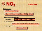 NO2 +4 1. 2NO + O2 = 2NO2. 2. Cu + 4HNO3(к) = Cu(NO3)2 + 2NO2 + 2H2O. 1. с водой 2NO2 + H2O = HNO3 + HNO2 2. с щелочами. 2NO2 + 2NaOH = NaNO3 + NaNO2 + H2O. 3. димеризация 2NO2 N2O4 токсичен