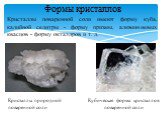Формы кристаллов Кристаллы поваренной соли имеют форму куба, калийной селитры - форму призмы, алюминиевых квасцов - форму октаэдров и т. д. Кристаллы природной поваренной соли. Кубическая форма кристаллов поваренной соли