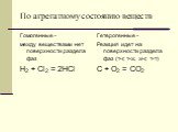 По агрегатному состоянию веществ. Гомогенные - между веществами нет поверхности раздела фаз H2 + Cl2 = 2HCl. Гетерогенные - Реакция идет на поверхности раздела фаз (т-г, т-ж, ж-г, т-т) С + О2 = СО2