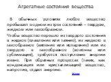 Агрегатные состояния вещества. В обычных условиях любое вещество пребывает в одном из трех состояний – твердом, жидком или газообразном. Чтобы вещество перешло из твердого состояния в жидкое (плавление или таяние), из жидкого в газообразное (кипение или испарение) или из твердого в газообразное (воз