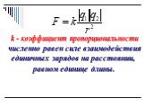 k - коэффициент пропорциональности. численно равен силе взаимодействия единичных зарядов на расстоянии, равном единице длины.