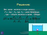 Вес куска железа в воде равен: P = mg – FA, где FA – сила Архимеда. , где – объем железа в куске. Откуда