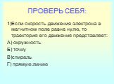 ПРОВЕРЬ СЕБЯ: 1)Если скорость движения электрона в магнитном поле равна нулю, то траектория его движения представляет: А) окружность Б) точку В)спираль Г) прямую линию