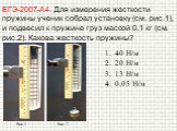 ЕГЭ-2007-А4. Для измерения жесткости пружины ученик собрал установку (см. рис.1), и подвесил к пружине груз массой 0,1 кг (см. рис.2). Какова жесткость пружины? 40 Н/м 20 Н/м 13 Н/м 0,05 Н/м. Рис.1 Рис. 2