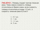 ГИА-2010-1. Пловец плывет против течения реки. Чему равна скорость пловца относительно берега реки, если скорость пловца относительно воды 1,5 м/с, а скорость течения реки 0,5 м/с?