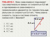 ГИА-2010-1. Кран равномерно поднимает груз вертикально вверх со скоростью 0,3 м/с и одновременно равномерно и прямолинейно движется по горизонтальным рельсам со скоростью 0,4 м/с. Чему равна скорость груза в системе отсчета, связанной с Землей? 0,1 м/с 0,3 м/с 0,5 м/с 0,7 м/с. 0.3 м/с 0.4 м/с v S2 =