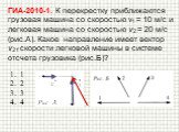 ГИА-2010-1. К перекрестку приближаются грузовая машина со скоростью v1 = 10 м/c и легковая машина со скоростью v2 = 20 м/с (рис.А). Какое направление имеет вектор v21 скорости легковой машины в системе отсчета грузовика (рис.Б)? 1 2 3 4