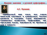 Русские классики о русской орфографии…. А.С. Пушкин «Прекрасный наш язык, под пером писателей неучёных и неискусных, быстро клонится к падению. Слова искажаются. Грамматика колеблется. Орфография, сия геральдика языка, изменяется по произволу всех и каждого». 22