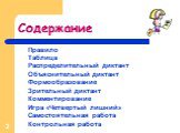 Содержание. Правило Таблица Распределительный диктант Объяснительный диктант Формообразование Зрительный диктант Комментирование Игра «Четвертый лишний» Самостоятельная работа Контрольная работа