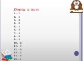 Ответы к тесту 1. – 2 2. – 1 3. – 2 4. – 2 5. – 1 6. – 4 7. – 4 8. – 3 9. – 4 10. – 2 11. – 3 12. – 3 13. – 2 14. – 4 15. - 1