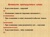 Вставьте пропущенные слова. В русском языке … падежей (6) Изменение слова по падежам называется … (склонением) При склонении в слове изменяется обычно только … (окончание) При склонении слова изменяется его … значение (грамматическое) В русском языке … типа склонения (3)