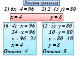 1) 6x · 4 = 96 2) 2 · (5·y) = 80 x = 4 y = 8. (6 · 4) · x = 96 24 · x = 96 x = 96 : 24 x = 4 Ответ: 4. (2 · 5)· y = 80 10 · y = 80 y = 80 : 10 y = 8 Ответ: 8. Решить уравнения