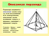 Описанная пирамида. Пирамида называется описанной около кону-са, если ее основание есть многоугольник, описанный около основания конуса, а вершина совпадает с вершиной конуса. Плоскости боковых граней описанной пирамиды являются касательными плоскостями конуса.