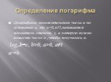 Определение логарифма. Логарифмом положительного числа в по основанию а, где а>0,a≠1,называется показатель степени c, в которую нужно возвести число а ,чтобы получилось в. logab=c, b>0, a>0, a≠1 ax=b