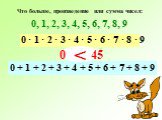 Что больше, произведение или сумма чисел: 0, 1, 2, 3, 4, 5, 6, 7, 8, 9. 0 · 1 · 2 · 3 · 4 · 5 · 6 · 7 · 8 · 9. 0 + 1 + 2 + 3 + 4 + 5 + 6 + 7 + 8 + 9. < 0 45