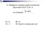 3. Найдите наименьшее значение функции f(x)= 3 sin x на отрезке . А) 0 B) -3 C) -1 D) такого значения нет