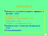 Цель урока. Повторить и систематизировать сведения о фигуре - угол. Строить углы. Называть и надписывать углы Сравнивать углы. Узнавать и определять углы. Познакомиться с понятием биссектриса угла. Учиться рассуждать.