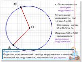 М. т. О –называется центром окружности. А. Отметим на окружности две точки А и М. Отрезки ОА и ОМ – называются радиусами окружности. Определение: Отрезок, соединяющий центр окружности с точкой, лежащей на окружности, называется радиусом. Соединим точки О и М, О и А.