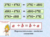 3782 + 6753 4893+3782 4893 + 6753 6753+ 4893 3782 + 4893 6753+ 3782 = a + b = b + a. Переместительное свойство сложения