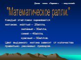 Каждый этап гонки оценивается жетоном: жёлтый – 2балла, зелёный - 3балла, синий – 4балла, красный – 5баллов. Цвет выданного жетона зависит от количества правильно решённых примеров. "Математическое ралли.". Девиз гонки: «Торопись – медленно!»