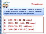 У Вани было 109 марок , у Коли – 48 марок, у Саши – 35 марок, у Димы – 21 марка. На какой вопрос отвечает каждое из выражений: 1)	109 + 48 + 35 +21 (мар.) 2)	(109 + 21) – (48 + 35) (мар.) 3)	(109 +35 + 21) – 48 (мар.) 4)	109 – (48 + 35 + 21) (мар.)