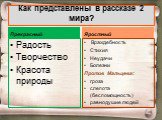 Как представлены в рассказе 2 мира? Прекрасный. Радость Творчество Красота природы. Враждебность Стихия Неудачи Болезни Против Мальцева: гроза слепота (беспомощность) равнодушие людей. Яростный