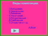 Виды композиции. 1.Кольцевая. 2.Зеркальная. 3.Линейная. 4.Умолчание. 5.Ретроспекция. 6.Свободная. 7.Открытая и т.д. А.Есин