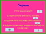 Задание 1.Что такое сюжет? 2.Перечислите элементы сюжета. 3.Перечислите внесюжетные элементы. 4.Найдите сюжетные элементы в «Смерти чиновника».