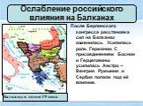 Ослабление российского влияния на Балканах. После Берлинского конгресса расстановка сил на Балканах изменилась. Усилилась роль Германии. С присоединением Боснии и Герцеговины усилилась Австро – Венгрия. Румыния и Сербия попали под её влияние. Балканы в конце 19 века