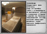 Алекса́ндр Лю́двигович фон Шти́глиц умер 24 октября 1884 г. в Петербурге от воспаления легких и похоронен в Нарве у церкви св. Троицы, сооруженной им над могилой жены для духовных нужд местного фабричного населения.