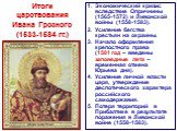 Итоги царствования Ивана Грозного (1533-1584 гг.). Экономический кризис вследствие Опричнины (1565-1572) и Ливонской войны (1558-1583). Усиление бегства крестьян на окраины. Начало оформления крепостного права (1581 год – введены заповедные лета – временная отмена Юрьева дня). Усиление личной власти