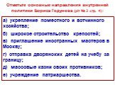 Отметьте основные направления внутренней политики Бориса Годунова (р\т № 3 стр. 4): а) укрепление поместного и вотчинного хозяйства; б) широкое строительство крепостей; в) приглашение иностранных мастеров в Москву; г) отправка дворянских детей на учебу за границу; д) массовые казни своих противников