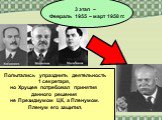 3 этап – Февраль 1955 – март 1958 гг. Попытались упразднить деятельность 1 секретаря, но Хрущев потребовал принятия данного решения не Президиумом ЦК, а Пленумом. Пленум его защитил.