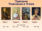 Правление Романовыми в 18 веке. Пётр II Иоанн VI Пётр III Павел I. Годы правления 1727 – 1730 1740 – 1741 1761 – 1762 1796 - 1801