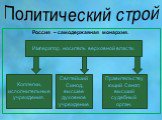 Политический строй. Россия – самодержавная монархия. Император, носитель верховной власти. Коллегии, исполнительные учреждения. Святейший Синод, высшее духовное учреждение. Правительствующий Сенат, высший судебный орган.