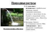 Природные ресурсы. Из полезных ископаемых наибольшее значение имеют свинцово-цинковые, медные и железные руды, бурый и каменный уголь, поваренная соль, бокситы, гипс, мрамор Болгария богата источниками (около 500) минеральных вод с высокими лечебными свойствами. Минеральные воды в Болгарии