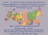 Россия – это самое большое государство мира. В составе Российской Федерации - 21 республика, 9 краёв, 46 областей, 2 города федерального значения , 1 автономная область, 4 автономных округа. Всего в России 13 городов с населением более миллиона человек: Москва, Санкт-Петербург, Новосибирск, Екатерин