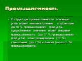 Промышленность. В структуре промышленности основную роль играет машиностроение, создающее до 40 % промышленного продукта, существенное значение играет пищевая промышленность (до 17 % промышленного продукта), электроэнергетика (10 %), стекольная (до 7 %) и лёгкая (около 5 %) промышленности.