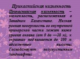 Прикаспийская низменность. Прикаспийская низменность – низменность, расположенная в Западном Казахстане. Низкая ровная поверхность во внутренней приморской части лежит ниже уровня океана (от 0 до —28 м), к окраинам поднимается до 100 м абсолютной высоты. Господствуют полупустынные ландшафты.