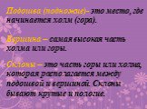 Подошва (подножие)- это место, где начинается холм (гора). Вершина – самая высокая часть холма или горы. Склоны – это часть горы или холма, которая располагается между подошвой и вершиной. Склоны бывают крутые и пологие.