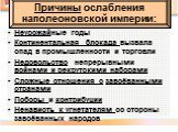 Причины ослабления наполеоновской империи: Неурожайные годы Континентальная блокада вызвала спад в промышленности и торговли Недовольство непрерывными войнами и рекрутскими наборами Сложные отношения с завоёванными странами Поборы и контрибуции Ненависть к угнетателям со стороны завоёванных народов