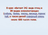 В крае обитает 342 вида птиц и 89 видов млекопитающих (соболь, белка, песец, лисица, горностай, а также дикий северный олень около 600 тысяч голов. 