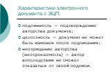 Характеристики электронного документа с ЭЦП: подлинность — подтверждение авторства документа; целостность — документ не может быть изменен после подписания; неотрицание авторства (неотрекаемость) — автор впоследствии не сможет отказаться от своей подписи.