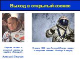 Выход в открытый космос. Первым вышел в открытый космос из корабля «Восход-2» Алексей Леонов. В марте 1965 года Алексей Леонов провел в открытом космосе 12 минут 9 секунд