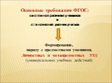 Основные требования ФГОС: системное развитие учащихся и становление умения учиться. Формирование, наряду с предметными умениями, Личностных и метапредметных УУД (универсальных учебных действий)