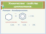 Реакция дегидрирования. t, k  + 3 Н2 циклогексан бензол С6Н12  С6Н6 + 3Н2