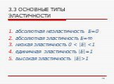 3.3 ОСНОВНЫЕ ТИПЫ ЭЛАСТИЧНОСТИ. абсолютная неэластичность Е=0 абсолютная эластичность Е=∞ низкая эластичность 0 1