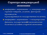 Структура международной экономики. международная микроэкономика — международная торговля товарами, услугами, факторами производства и регулирующая их государственная политика; международная макроэкономика —международные финансы, государственная экономическая политика в условиях открытой экономики.