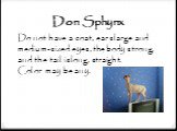 Don Sphynx. Do not have a coat, ears large and medium-sized eyes, the body strong, and the tail is long, straight. Color may be any.
